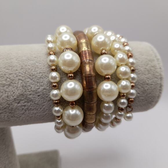 Vintage Memory Wire Faux Pearl Wide Brass Bead Bracelet, 44 Inches - Picture 7 of 10